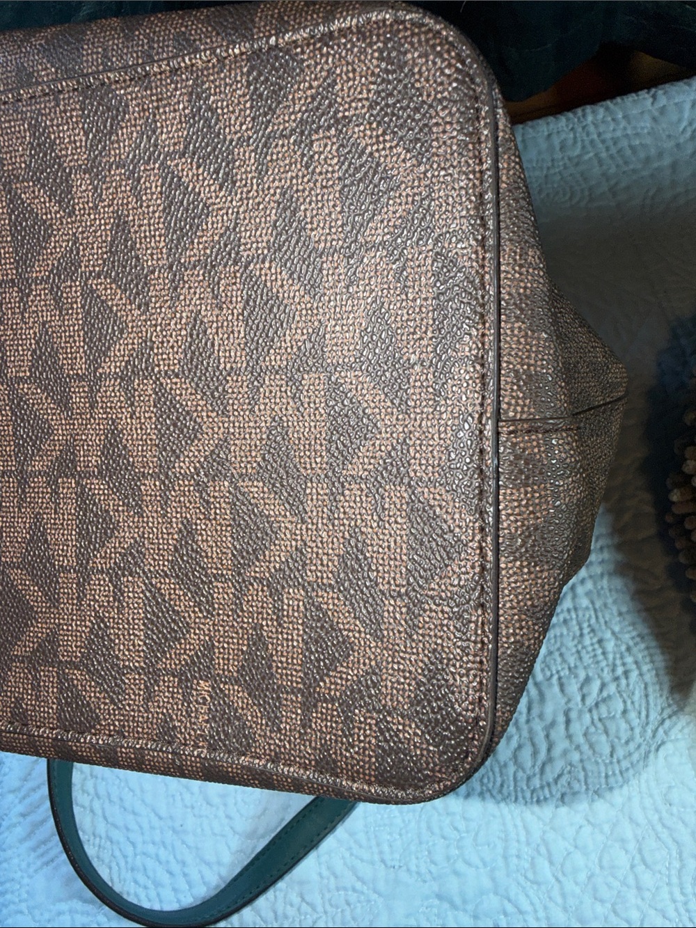 Michael Kors Brown Tote with Teal and White Center Stripe - Picture 12 of 13